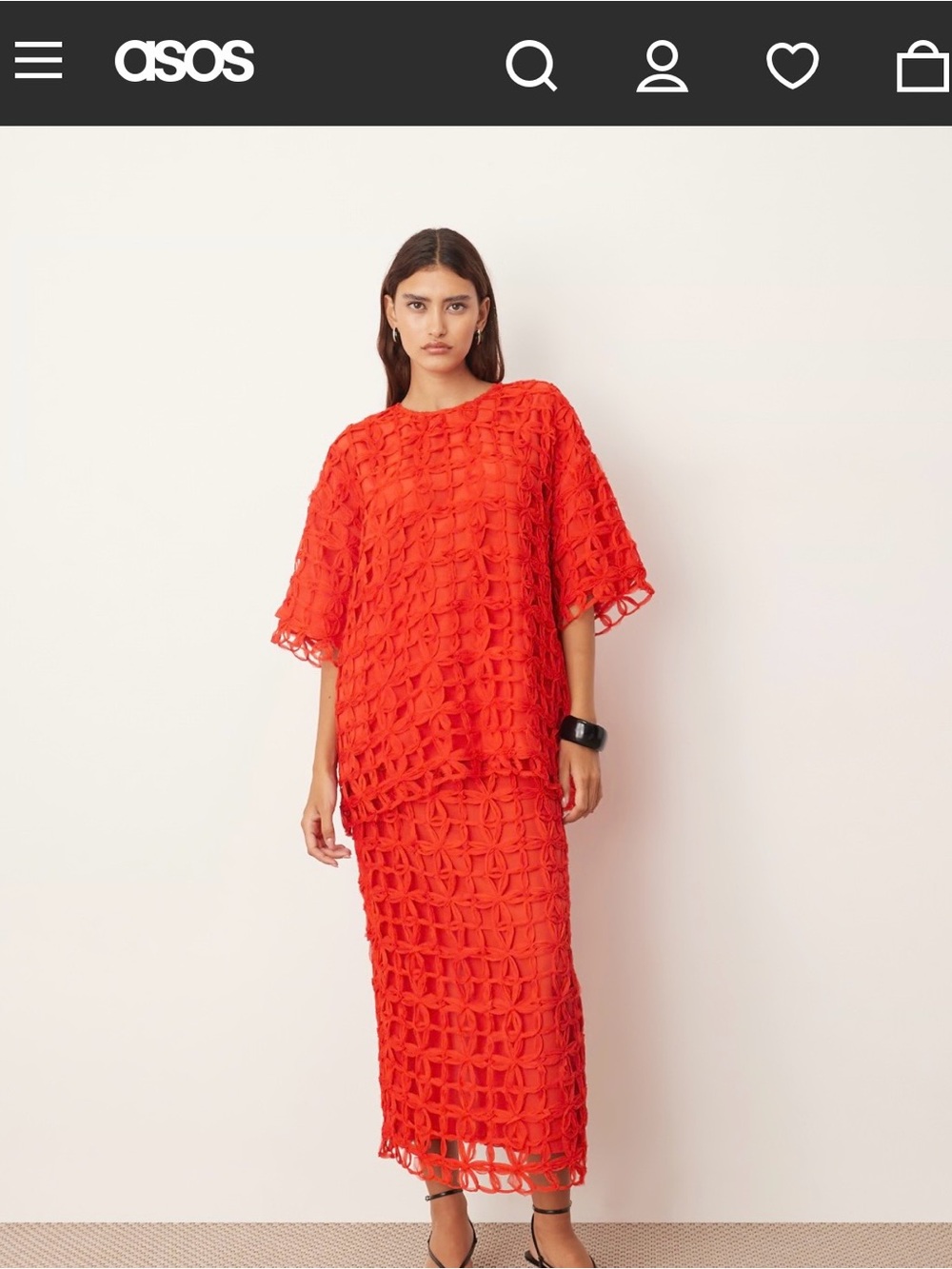 ASOS Orange-Red Crochet Maxi Skirt and Oversized Top - full set